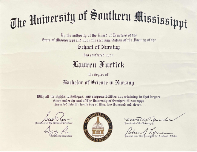 Bachelor of Science in Nursing diploma — University of Southern Mississippi