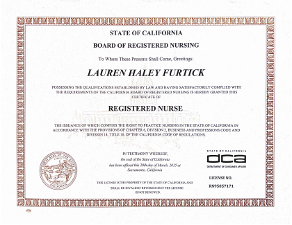 California Registered Nurse license — Lauren H. Furtick